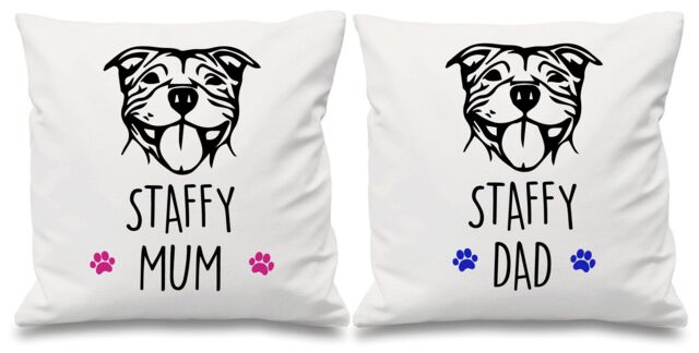 "60 SECOND MAKEOVER Staffy Mum Dad White Cushion Covers 16"" x 16"" Couples Cushions Staffordshire Bull Terrier - Size: 40 cm x 40 cm"