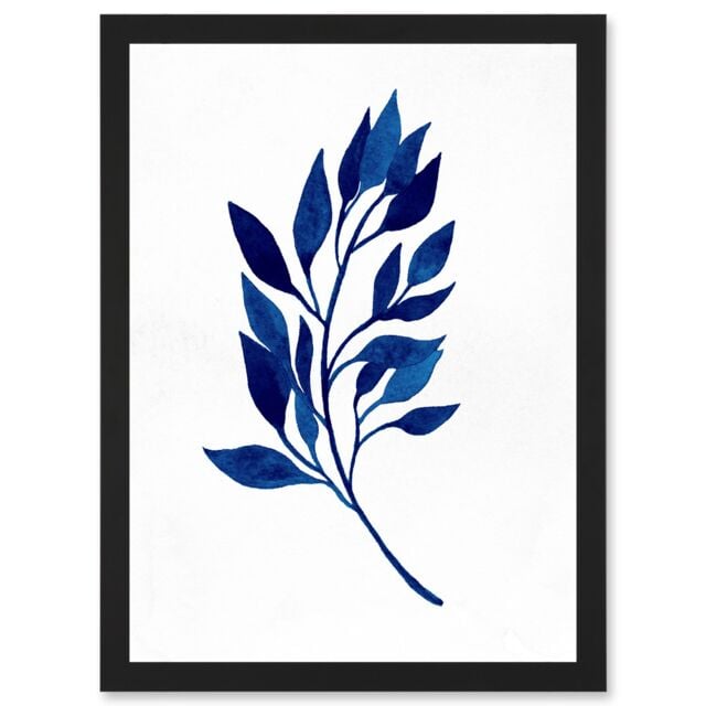 Artery8 Navy Blue Watercolour Leaves Artwork Framed Wall Art Print A4 in Black - image 1