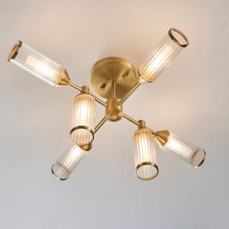 Loops Brass Semi Flush 6 Bulb Ceiling Light - Ribbed Glass Shades & Frosted Diffusers in Clear - thumbnail 4