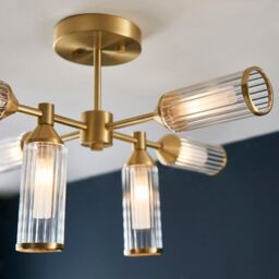 Loops Brass Semi Flush 6 Bulb Ceiling Light - Ribbed Glass Shades & Frosted Diffusers in Clear - thumbnail 5