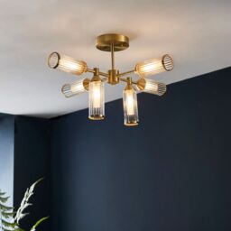 Loops Brass Semi Flush 6 Bulb Ceiling Light - Ribbed Glass Shades & Frosted Diffusers in Clear - thumbnail 3