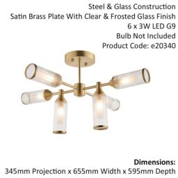 Loops Brass Semi Flush 6 Bulb Ceiling Light - Ribbed Glass Shades & Frosted Diffusers in Clear - thumbnail 2
