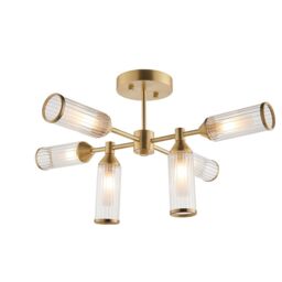 Loops Brass Semi Flush 6 Bulb Ceiling Light - Ribbed Glass Shades & Frosted Diffusers in Clear