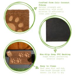Nicola Spring Coir Door Mat - 60 x 40cm - Embossed Paws in Brown - Size: 40 cm x 60 cm - thumbnail 2