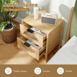 Gymax Mid-century Bedside Table Nightstand End Table 2 Drawers Glass Fronts in Natural - thumbnail 3