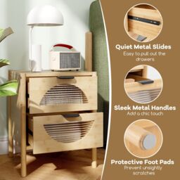 Gymax Mid-century Bedside Table Nightstand End Table 2 Drawers Glass Fronts in Natural - thumbnail 4