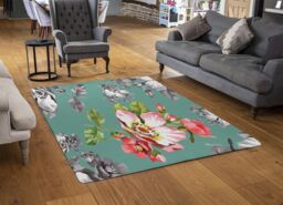 Benjamin Tate Design Bright Flower On Green Rug in Natural - Size: Large - thumbnail 2