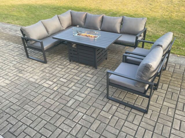 Fimous Aluminium Outdoor Garden Furniture Corner Sofa Gas Fire Pit Dining Table Sets Gas Heater Burner Dark Grey 8 Seater