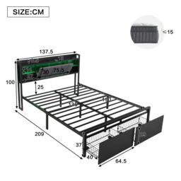 Matteo Metal Bed, Iron Bed, 4ft6 Double Bed With Multi-Color LED Strip Lights & Charging Port in Black - thumbnail 4