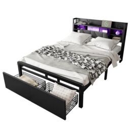 Matteo Metal Bed, Iron Bed, 4ft6 Double Bed With Multi-Color LED Strip Lights & Charging Port in Black - thumbnail 7