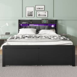 Matteo Metal Bed, Iron Bed, 4ft6 Double Bed With Multi-Color LED Strip Lights & Charging Port in Black - thumbnail 2