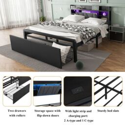 Matteo Metal Bed, Iron Bed, 4ft6 Double Bed With Multi-Color LED Strip Lights & Charging Port in Black - thumbnail 6