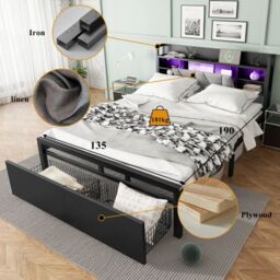 Matteo Metal Bed, Iron Bed, 4ft6 Double Bed With Multi-Color LED Strip Lights & Charging Port in Black - thumbnail 5
