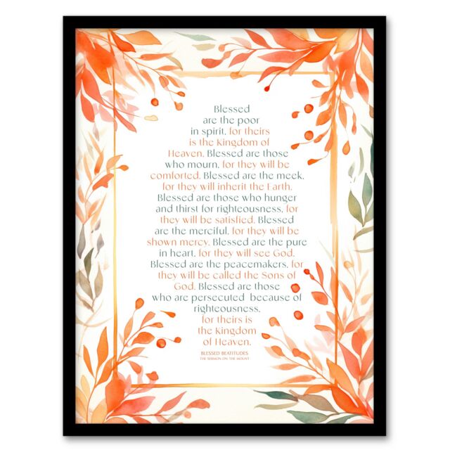 "Artery8 Wall Art Print Blessed Beatitudes Sermon of the Mount Matthew Gospel Orange Framed Art - Size: W12"" x H16""" - image 1