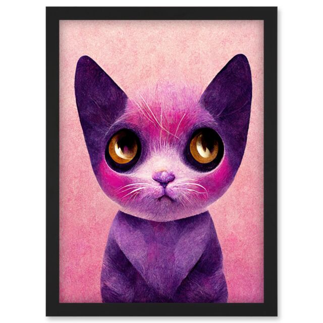 Artery8 Cute Kawaii Cat Portrait Pink & Purple Kids Artwork Framed Wall Art Print A4 in Black - image 1