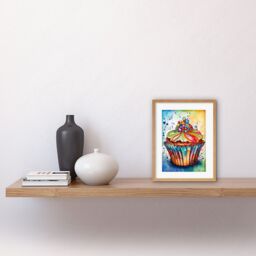 "Artery8 Wall Art Print Cupcake With Sprinkles Vibrant Watercolour Painting Kitchen Artwork Framed 9X7 Inch in Beige - Size: W7"" x H9""" - thumbnail 2