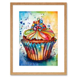 "Artery8 Wall Art Print Cupcake With Sprinkles Vibrant Watercolour Painting Kitchen Artwork Framed 9X7 Inch in Beige - Size: W7"" x H9""" - thumbnail 1