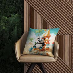 Warren Reed - Designer Panda On A Beach Holiday Outdoor Cushion in Yellow - Size: 60 cm x 60 cm - thumbnail 2