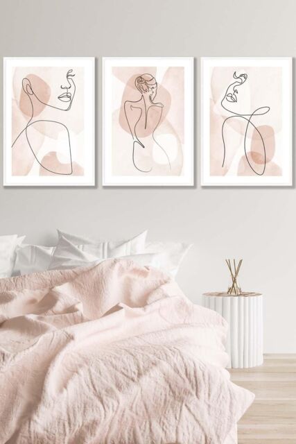 ARTZE Set of 3 White Framed Coral Pink Abstract Line Art Female Wall Art - Size: W33 cm x H45 cm x D20mm - image 1