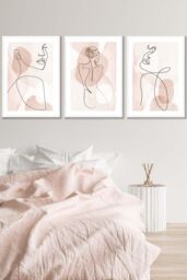 ARTZE Set of 3 White Framed Coral Pink Abstract Line Art Female Wall Art - Size: W33 cm x H45 cm x D20mm - thumbnail 1