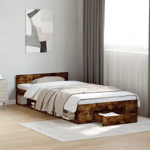 Berkfield Home Bed Frame with Drawer without Mattress Smoked Oak 90x200 cm in Brown - image 1