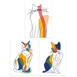 "Artery8 Set of 3 Modern Colourful Abstract Line Cat Lover 12X16"" Art Prints - Size: W12"" x H16""" - thumbnail 1