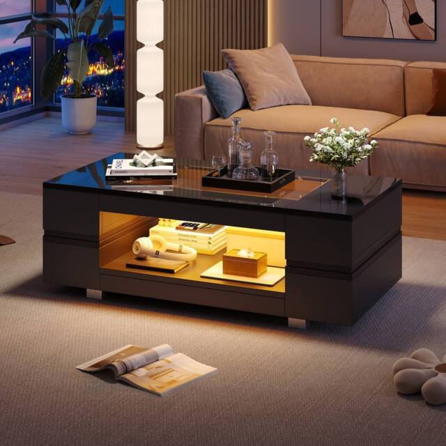BTM High gloss coffee table with open storage LED glass top Black - image 1
