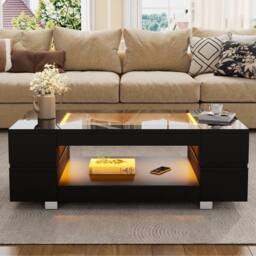 BTM High gloss coffee table with open storage LED glass top Black - thumbnail 5