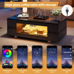 BTM High gloss coffee table with open storage LED glass top Black - thumbnail 9