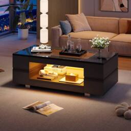 BTM High gloss coffee table with open storage LED glass top Black - thumbnail 1