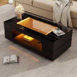 BTM High gloss coffee table with open storage LED glass top Black - thumbnail 6