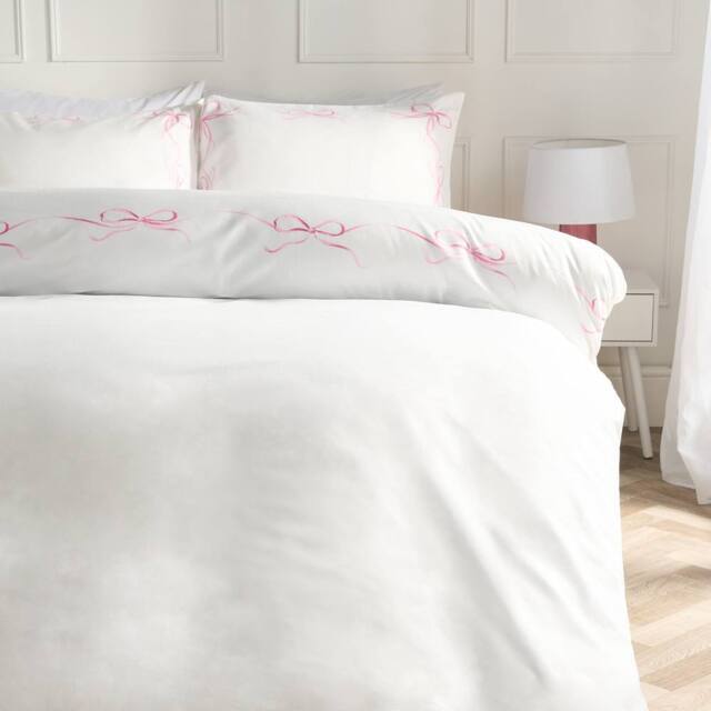 OHS Bow Border Bedding Set Microfibre Duvet Cover with Pillowcase in White - Size: Double - image 1