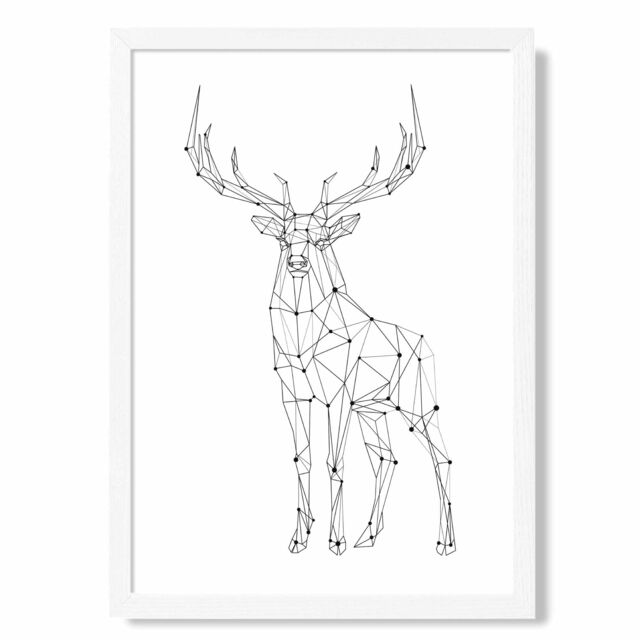 ARTZE Line Art Stag Geometric Animal Framed Print SIZE: A4 with White Frame in Black - image 1