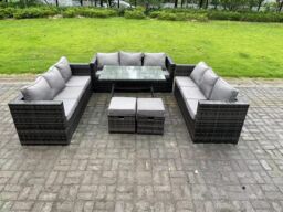 Fimous 11 Seater Rattan Outdoor Furniture Sofa Garden Dining Set with Patio Dining Table 2 Small Footstools in Dark Grey - thumbnail 1