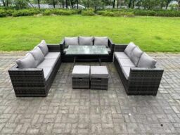 Fimous 11 Seater Rattan Outdoor Furniture Sofa Garden Dining Set with Patio Dining Table 2 Small Footstools in Dark Grey - thumbnail 2