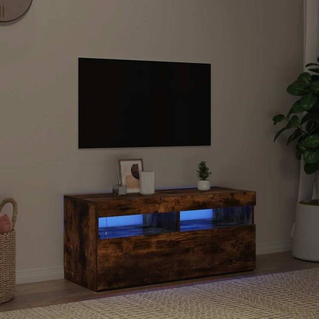 Berkfield Home TV Cabinet with LED Lights Smoked Oak 90x35x40 cm in Brown - Size: 90 x 35 x 40 cm - image 1