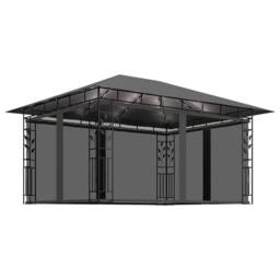 Berkfield Home Gazebo with Mosquito Net&LED String Lights 4x3x2.73m Anthracite in Black - thumbnail 1