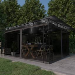 Berkfield Home Gazebo with Mosquito Net&LED String Lights 4x3x2.73m Anthracite in Black - thumbnail 2