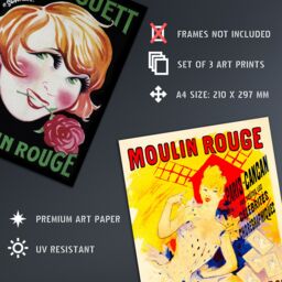 Artery8 Wall Art Print Vintage Moulin Rouge Burlesque Cabaret Girls Paris France Set Of 3 s Bathroom Bedroom Aesthetic Retro Advertising A4 - thumbnail 4
