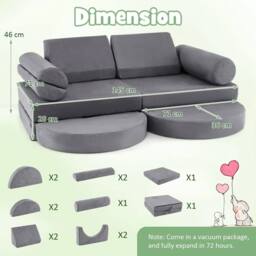 Costway 13PCS Modular Kids Play Couch Versatile Toddler Sectional Sofa Set in Grey - thumbnail 4