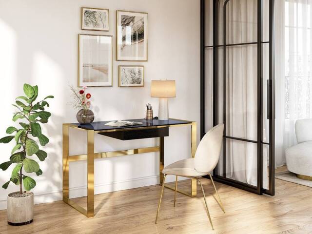 Vente-unique Desk With 1 Drawer - Toughened Glass & Steel - Black & Gold - SALI - image 1