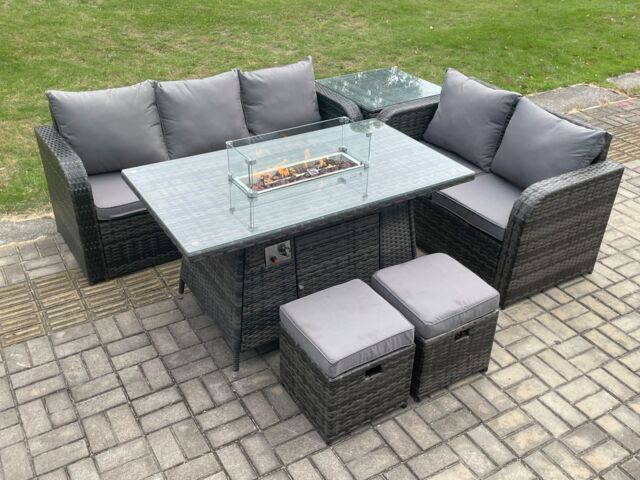 Fimous PE Wicker Outdoor Rattan Garden Furniture Set Propane Gas Fire Pit Table & Sofa set with Side Table 2 Small Footstools in Dark Grey - image 1