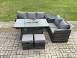 Fimous PE Wicker Outdoor Rattan Garden Furniture Set Propane Gas Fire Pit Table & Sofa set with Side Table 2 Small Footstools in Dark Grey - thumbnail 3
