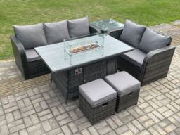 Fimous PE Wicker Outdoor Rattan Garden Furniture Set Propane Gas Fire Pit Table & Sofa set with Side Table 2 Small Footstools in Dark Grey - thumbnail 1
