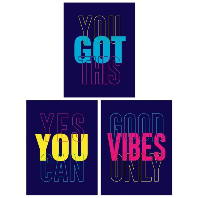 Wee Blue Coo Pack of 3 Good Vibes You Got This Yes You Can Colourful Neon Typography Motivational Unframed Wall Art Living Room Prints Set - image 1