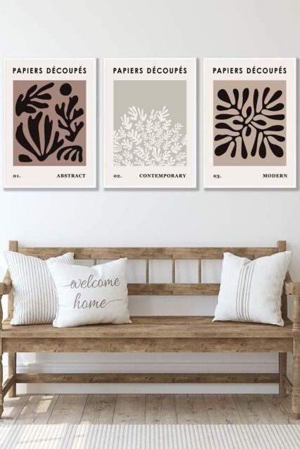 ARTZE Set of 3 White Framed Matisse Style Floral Cut Out Brown & Black Wall Art in Chocolate - Size: W33 cm x H45 cm x D20mm - image 1
