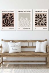 ARTZE Set of 3 White Framed Matisse Style Floral Cut Out Brown & Black Wall Art in Chocolate - Size: W33 cm x H45 cm x D20mm - thumbnail 1