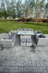 Fimous Rattan Fire Pit Dining Set Set Gas Heater Burner Lounge Sofa Dining Set Chairs Stools in Light Grey - thumbnail 3