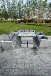 Fimous Rattan Fire Pit Dining Set Set Gas Heater Burner Lounge Sofa Dining Set Chairs Stools in Light Grey - thumbnail 1