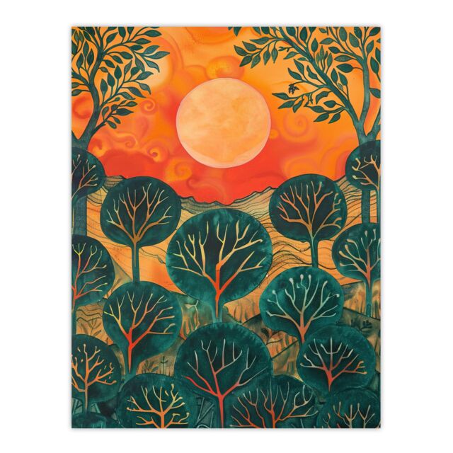 "Artery8 Warm Sunrise Over Forest Painting Nature Wall Art Print in Orange - Size: W12"" x H16""" - image 1